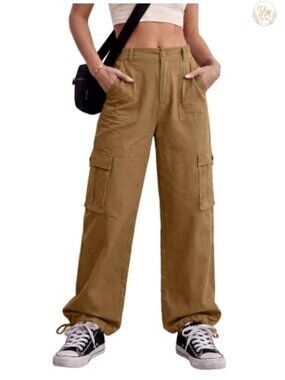 Women's Y2K High Waisted Cargo Pants with 6 Pockets, Baggy Wide Leg, Stretchy